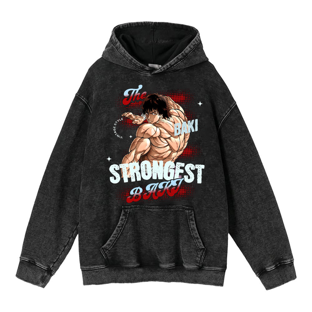 440g Heavyweight Washed Vintage Finish Baki Hanma Anime Street Retro Cotton Hoodie - TT8292