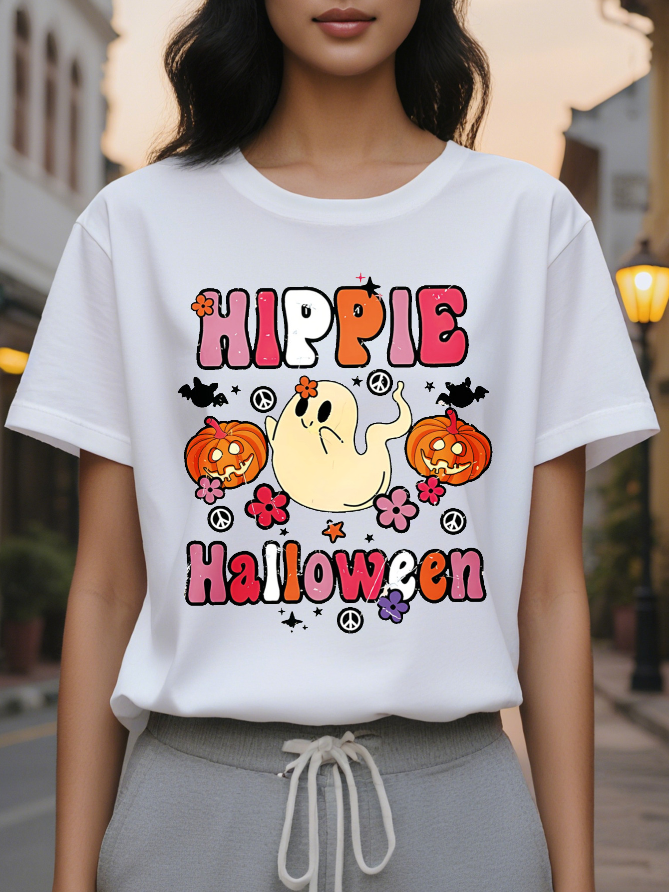Large XL Women's Halloween Cute Hippie Print T-Shirt Round Neck Short Sleeve with Bats Pumpkins Peace Symbols Spring Summer Plus Size