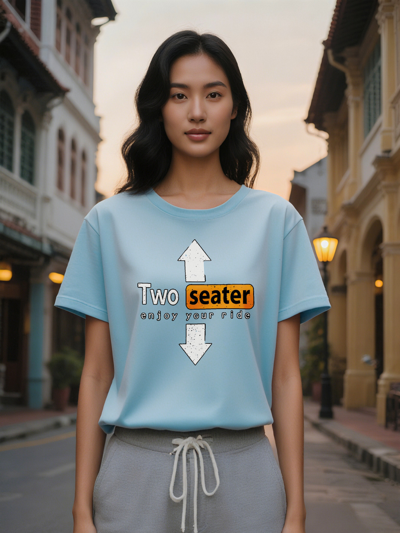 Orange Casual Round Neck T-Shirt Versatile Featuring Rectangular Block with Two-Seater Print Design Perfect as a Gift