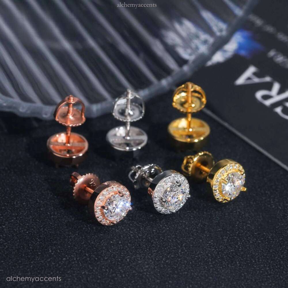 Ready to Ship Hip Hop Style Tester Certified Sier Gold Plated VVS Dia Moissanite Stud Earrings Round