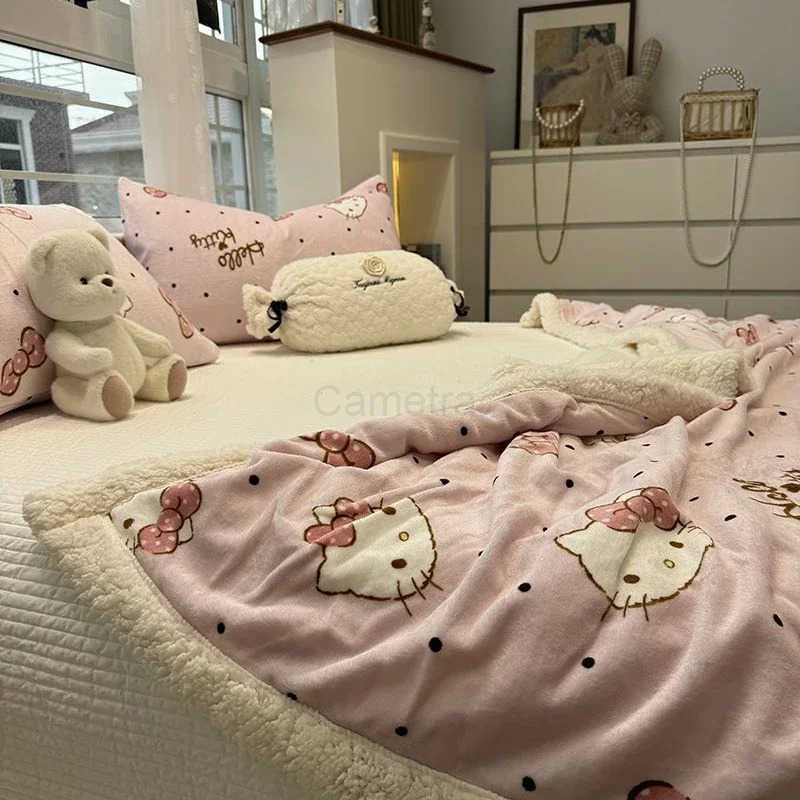 Sanrio Hello Kittys Pink Bow Lamb Velvet Blanket Winter Thickened Warm Milk Coral Velvet Blanket Quilt Cover Sofa Office Blanket L250904