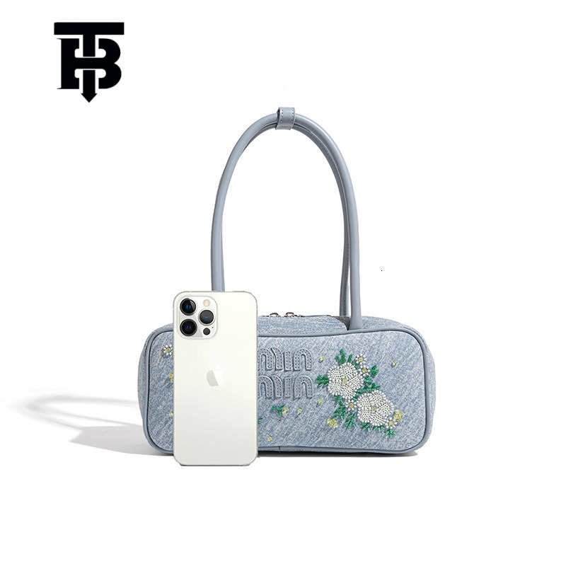 TB BHULAMTE Vintage Denim Embroidered Bowling Designer S Bag Bag For Women, High-end Niche Fashion Underarm Bag, Hundred Towers Commuting Shoulder Han