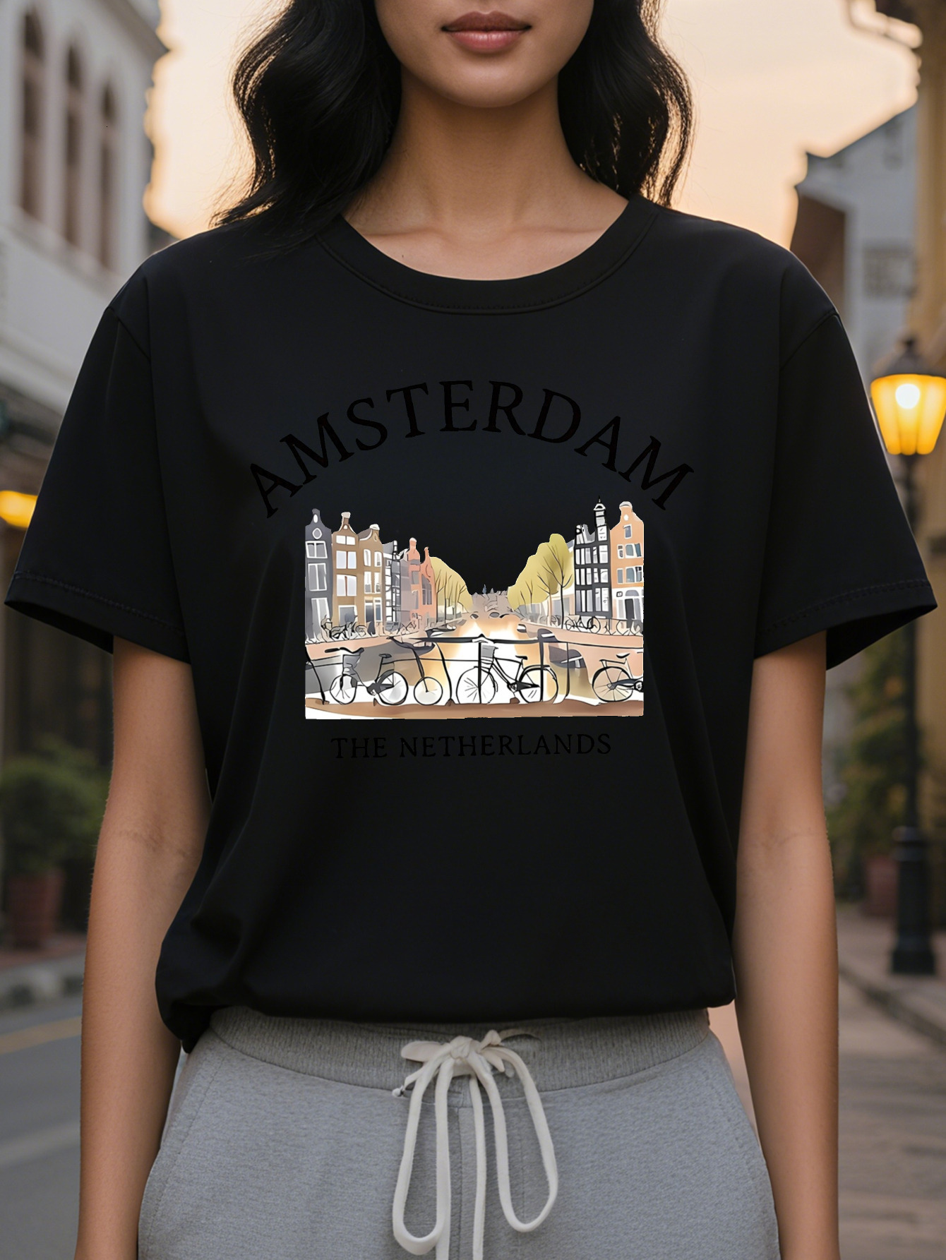 Large XL Soft Stretch Women's Graphic Print T-Shirt Amsterdam Netherlands Dutch Architecture Canals Breathable Spring Summer Plus Size