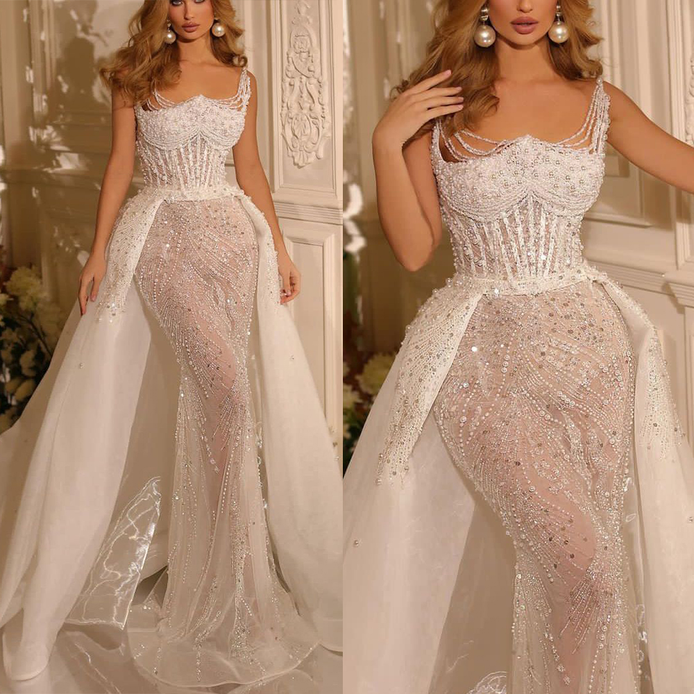 Elegant Mermaid Wedding Dress Sequins Pearls Beaded Bridal Gowns Sweetheart Neck Sleeveless Detachable Train Dresses Custom Made vestidos de novia