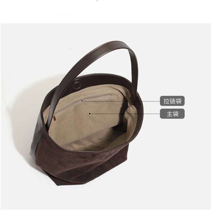 Vintage Women's Large Capacity Suede Bucket Shoulder Solid Color Simple Casual Commuter Bag Designer Purses