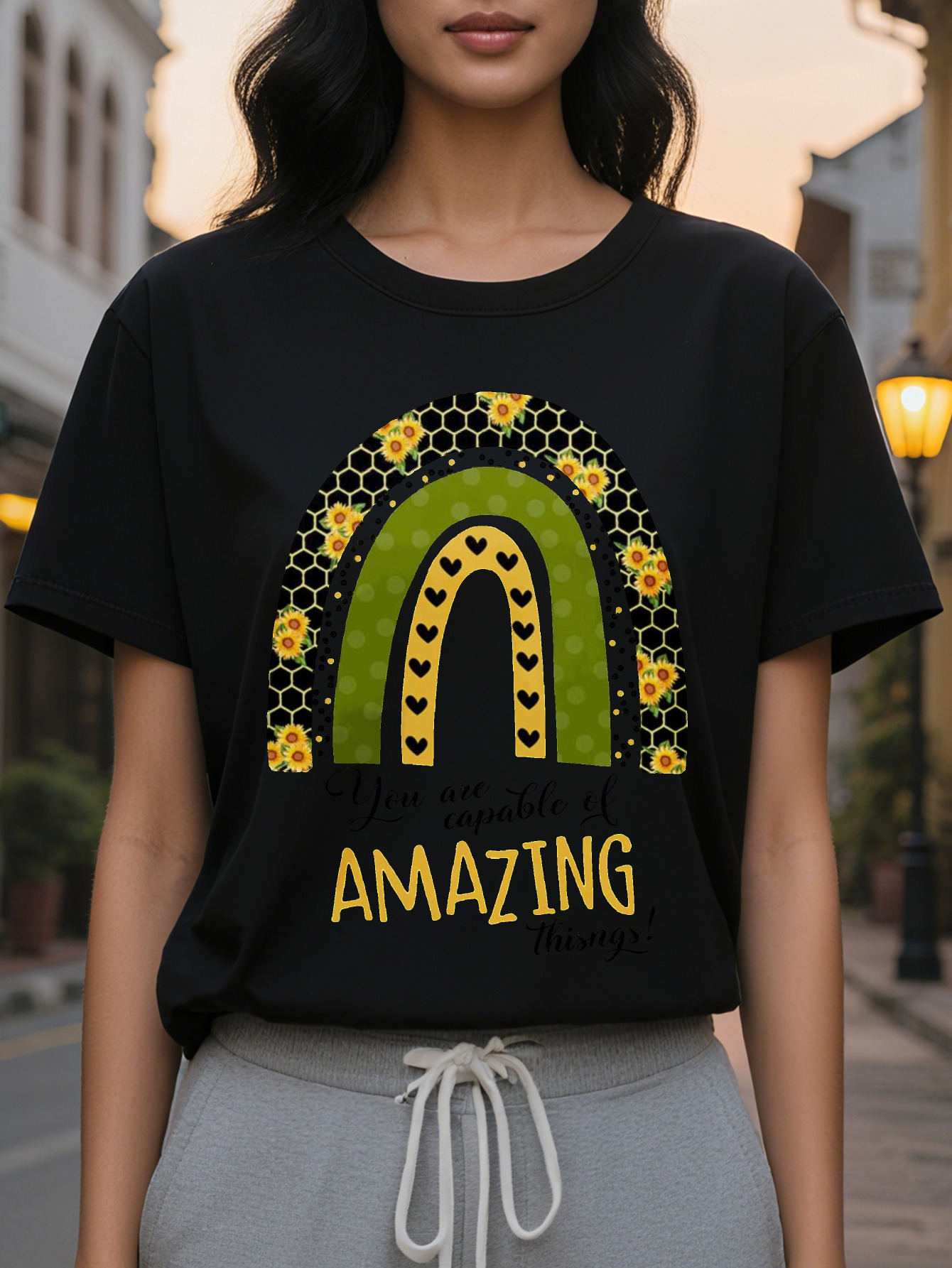 Women's T-shirt with design 'You Have the Ability to Do Amazing Things', featuring a rainbow floral pattern, round neck, and autumn sle