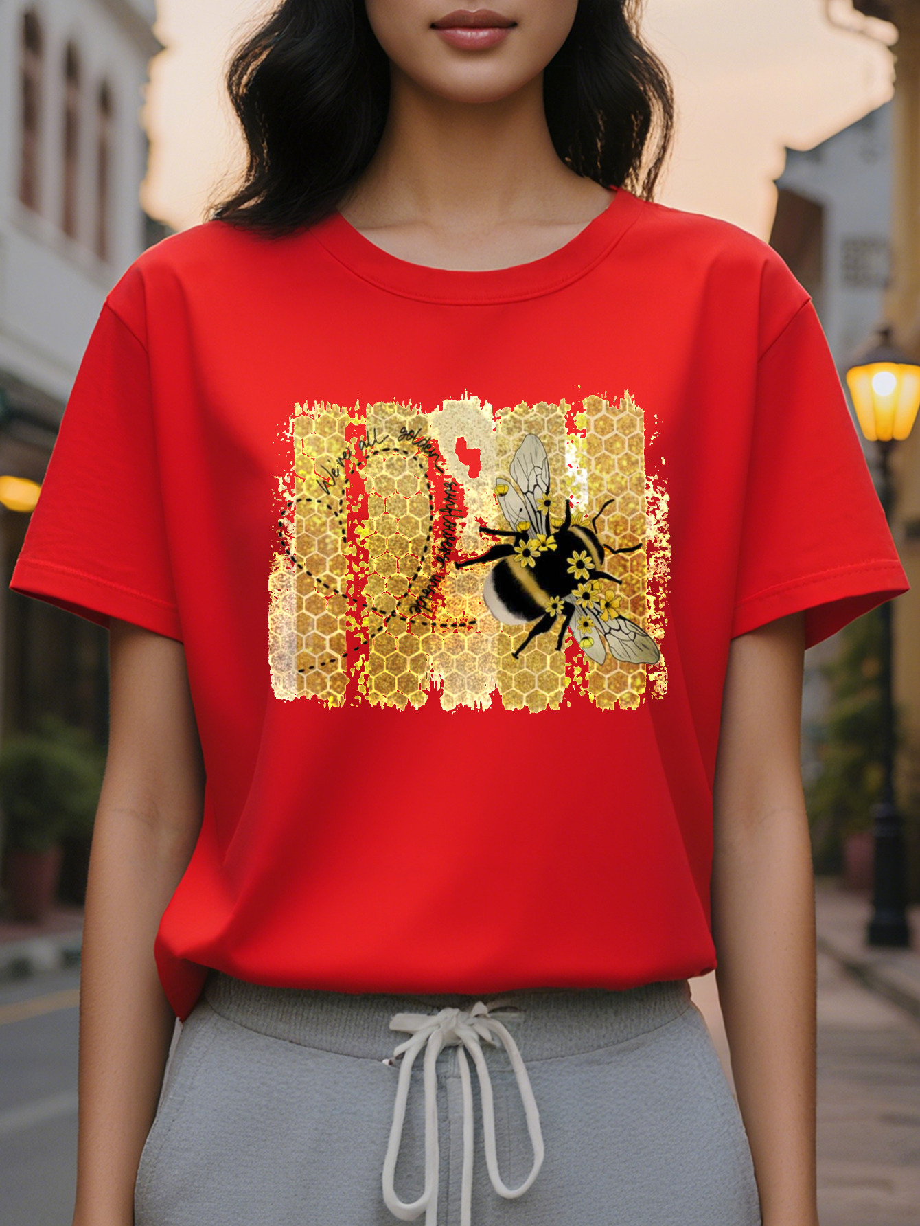 Ladies Elegant Sleeve T-Shirt White Honey Pattern Round Neck Jacket Autumn and Winter Daily Dress Medium Stretch