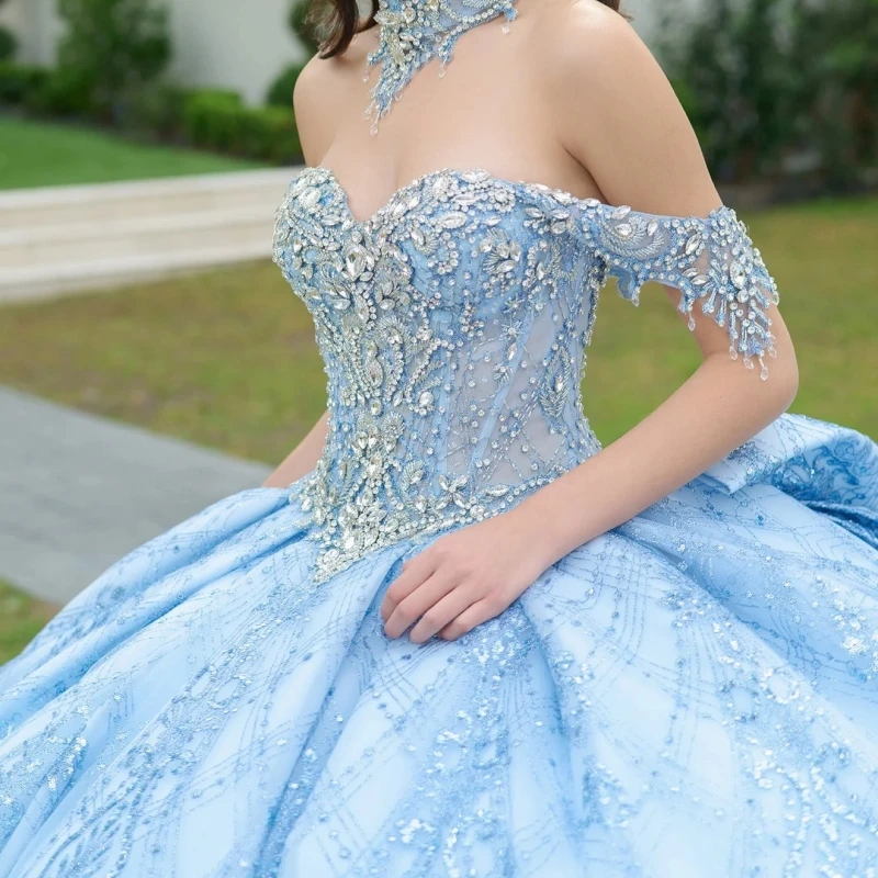 Sky Blue Shiny Quinceanera Dresses Ball Gown Off The Shoulder Sequin Applique Beading Crystal Bow Tull Sweet 16 Dress Vestidos 15 Anos