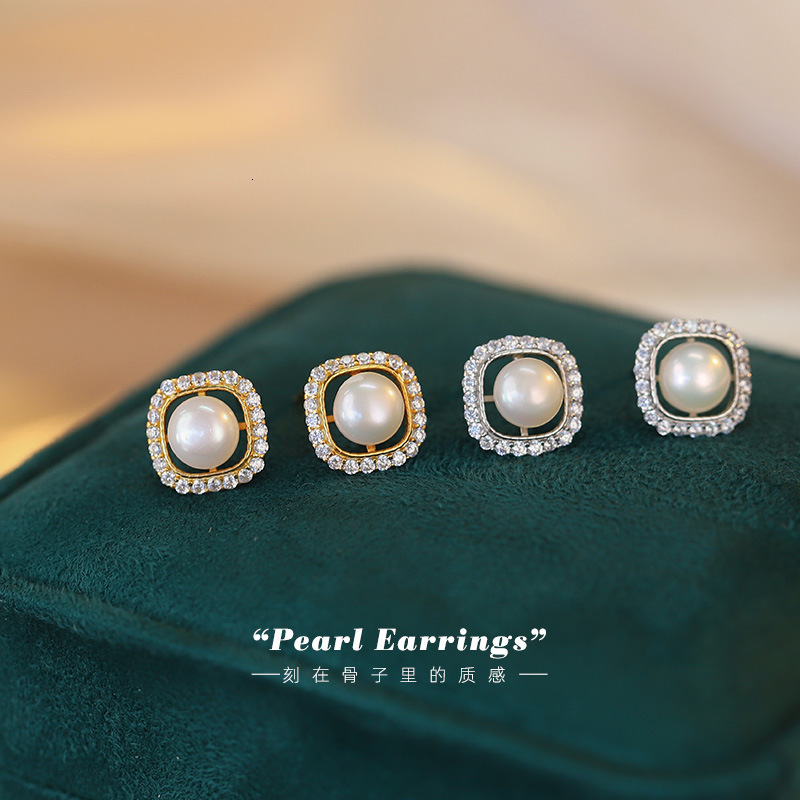 Tiqi Real Shot Geometric Square Designer Luxury Free Shipping Design Natural Freshwater Pearl French Retro Elegant Stud Earrings 925 Sterling Silver E