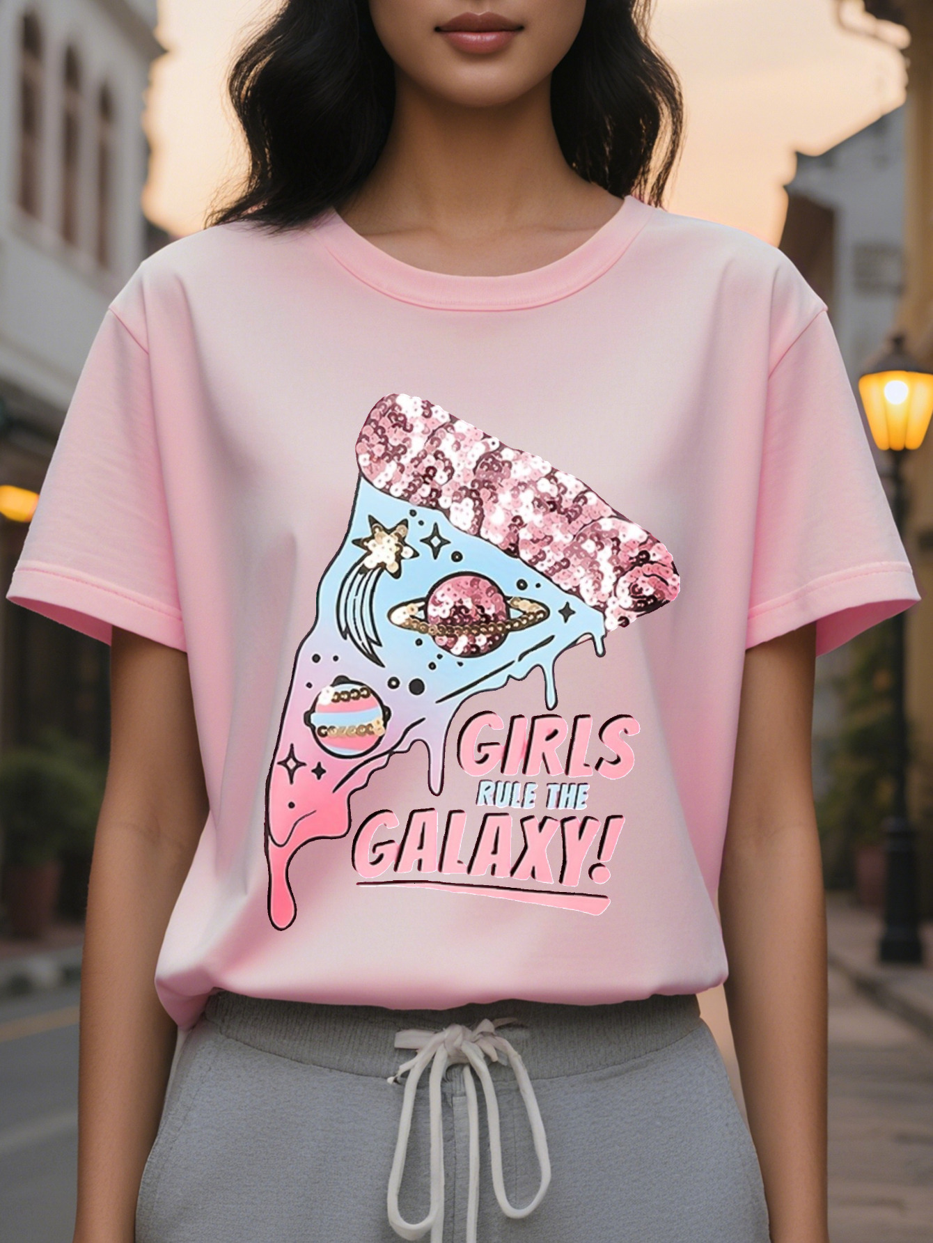 Girls Women s Casual Short sleeved T shirt Galaxy Pizza with Stars Black Pink Letter Print Translucent Round Neck