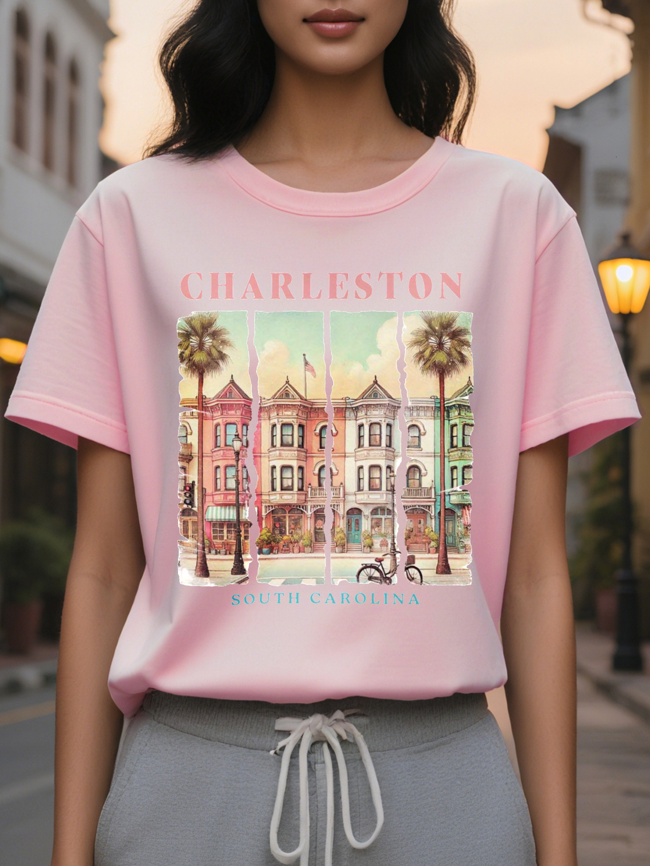 Women's Charleston T-shirt Soft Pink Green Historical Building Pattern Short Sleeve Jacket Southern Charm Casual Round