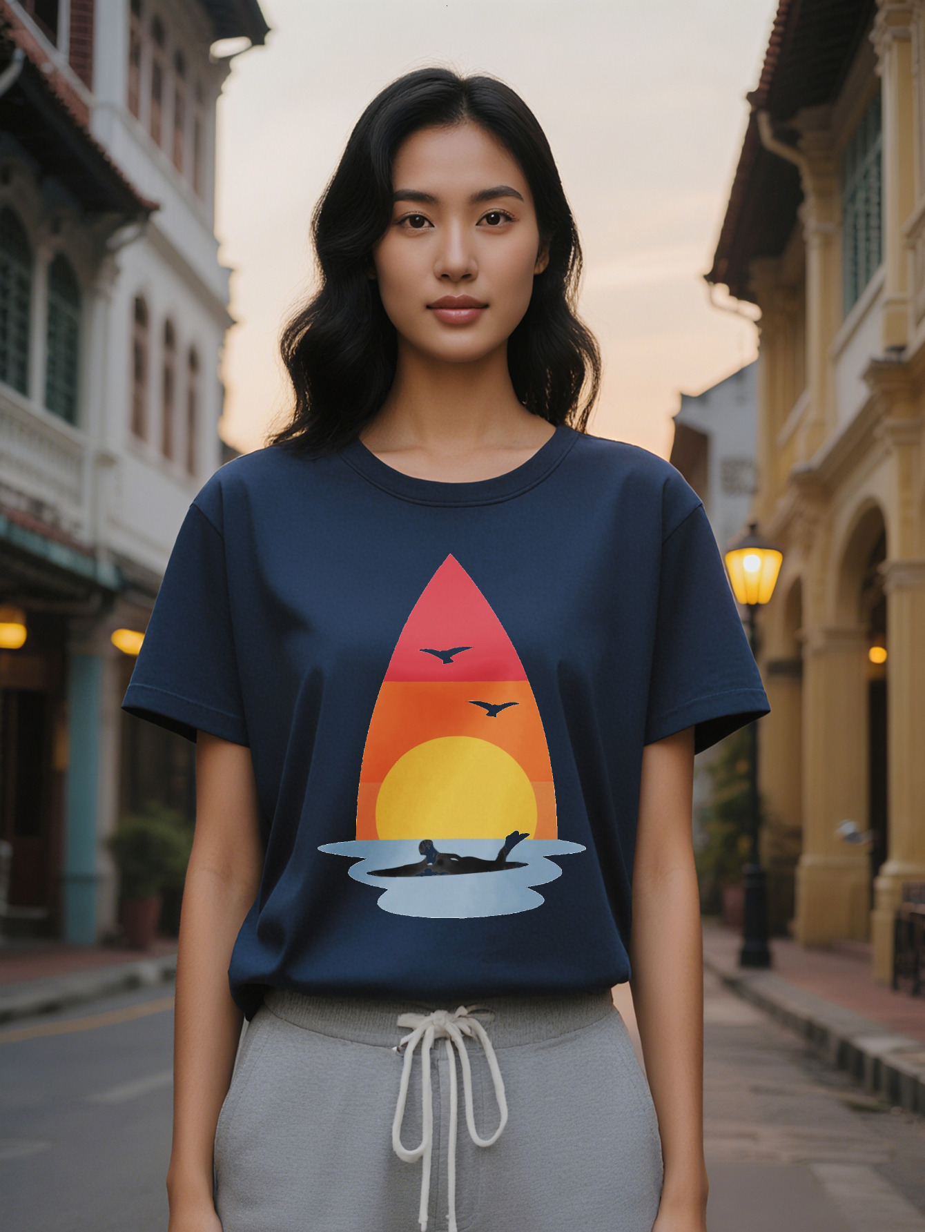 Large XL Lady Crew Neck T-Shirt with Sailboat Black Short Sleeve for Relaxed Style Casual Summer Top Vibrant Print Tee Plus Size