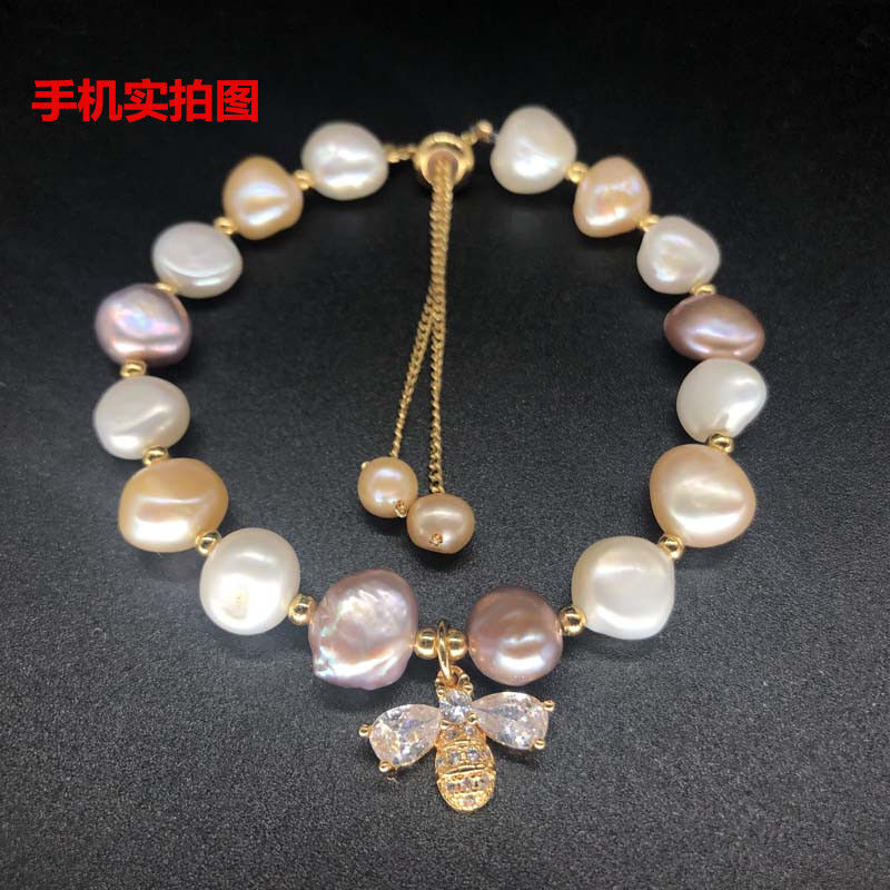 Baroque Irregular Freshwater Pearl Micro Pave Zircon Small Bee INS Simple Korean Style Fashion Bracelet
