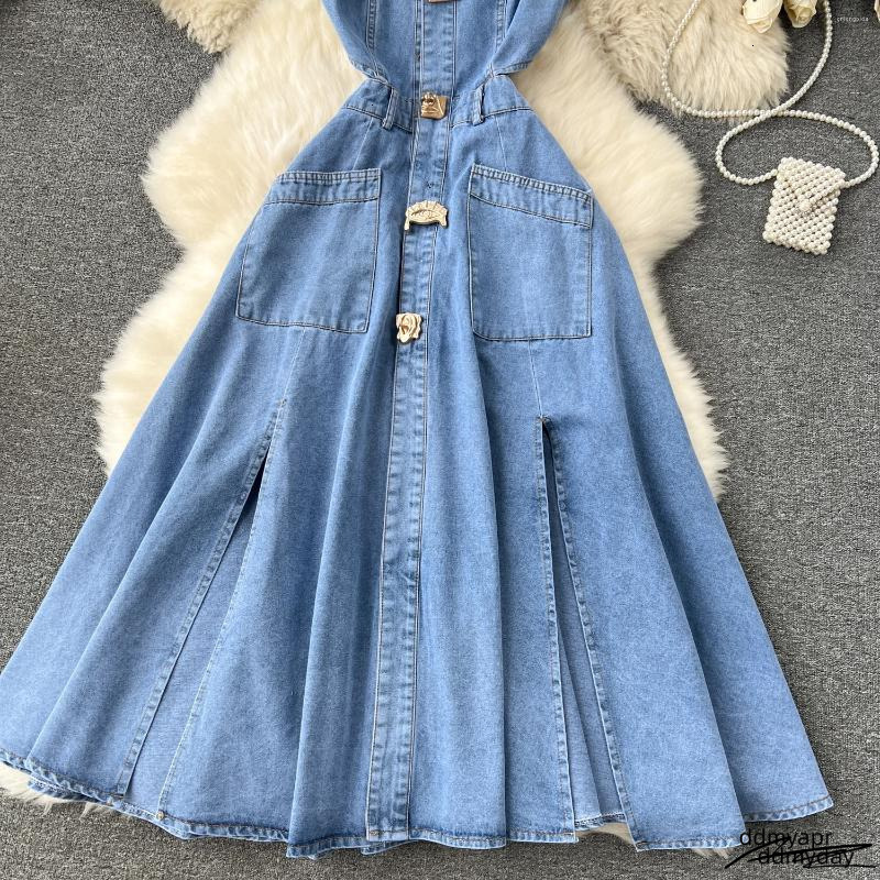 Casual Dresses Ddmyday Designer Denim Dress Women Long Single Breasted Big Turn-Down Collar Waist Slimming Temperament Split A-Line Vestidos Ddmyday