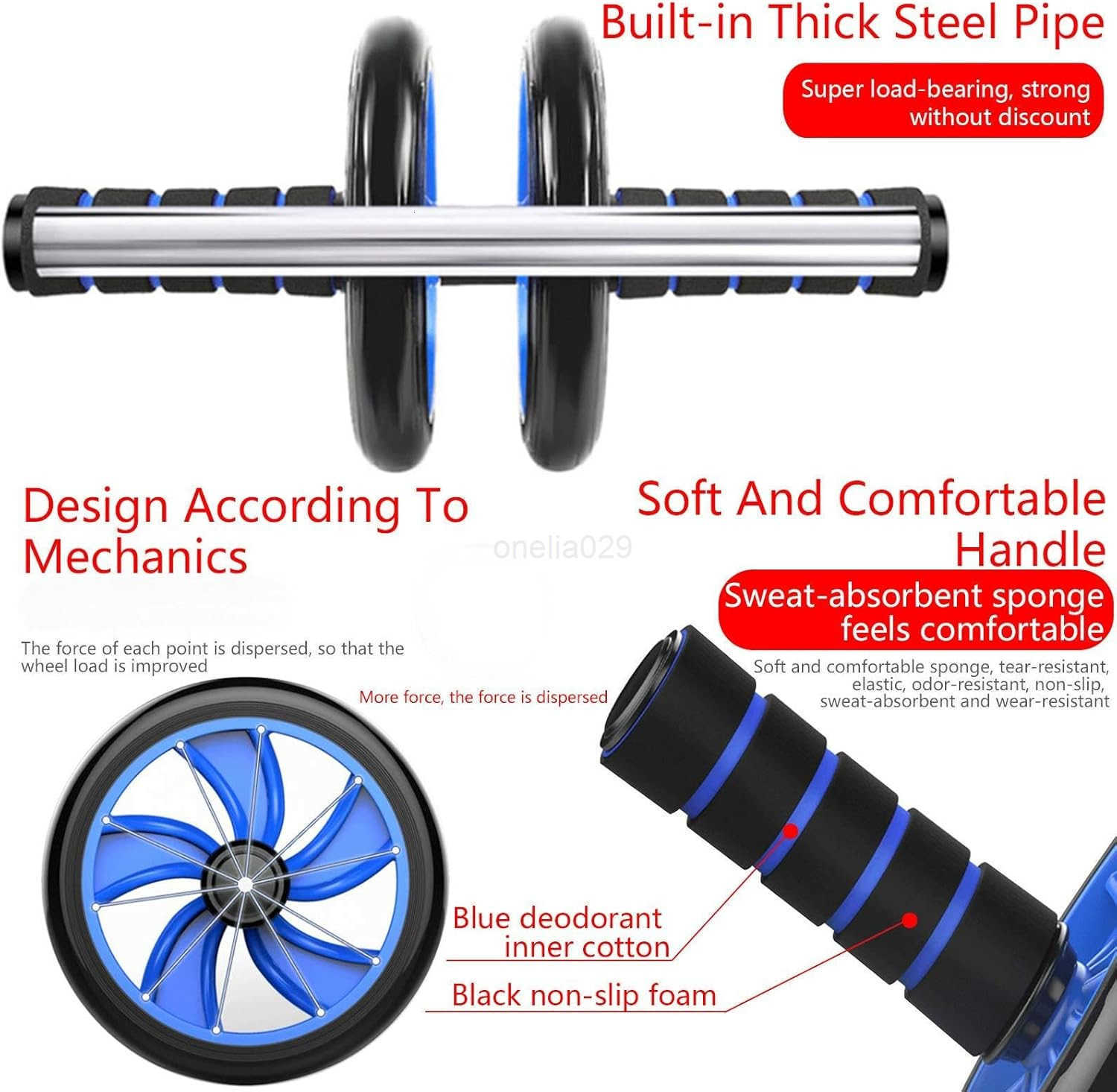 Ab Roller Wheel Dual Wheel with Thick Foam Grip Handles Blue and Black W250904