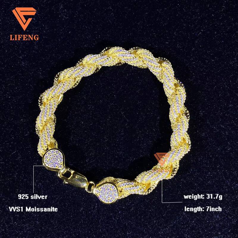 8mm Gold Plated 925 Sterling Silver Rope Chain Bracelet Custom Hip Hop Moissanite Diamond Fine Jewelry Rope Bracelet for Women