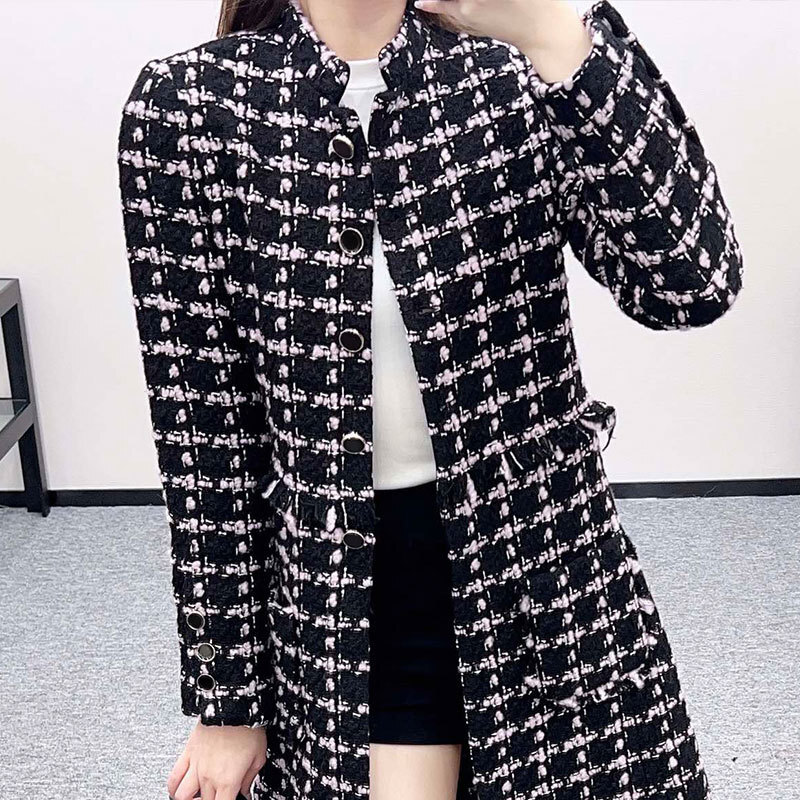 Luxury Retro Oversized Ladies Woven Check Long Coat Dress, Stand Collar Button Down Wool Blend Jacket, Fringe Detail Elegant S0909