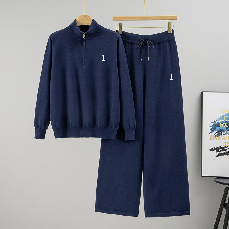 Women Knitted Set Two-Piece Set Tracksuit Women Slimming Sports Set Stand Collar Womens Coat Half Zipper Top Wide Legs 2507271437