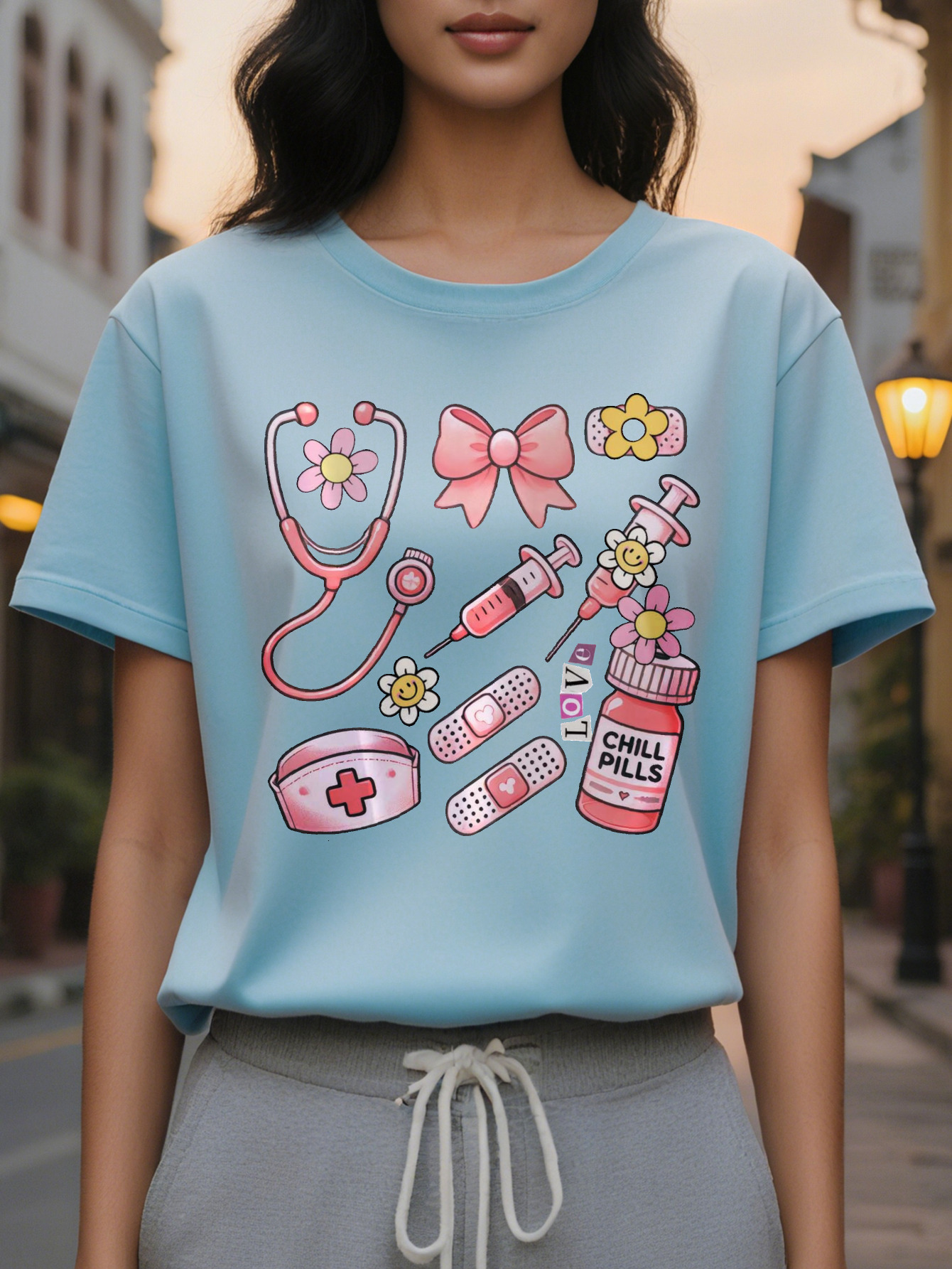 Women's nurse-themed short-sleeved T-shirt with floral print and the word NURSE, elastic round neck casual top for spring