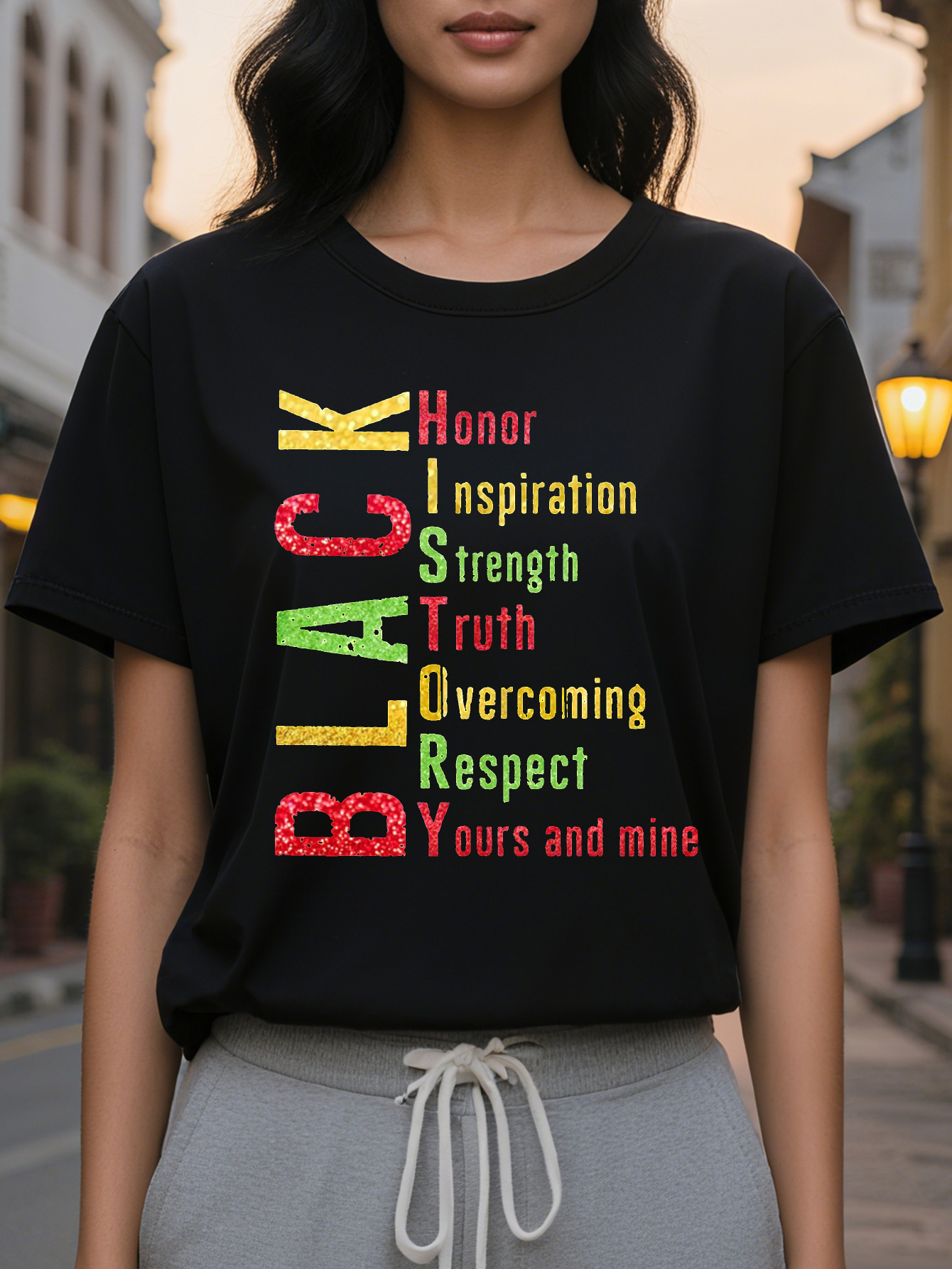 Women's Black History Inspirational Quotes T-shirt Cotton Round Neck Casual Top with Bright Color Block