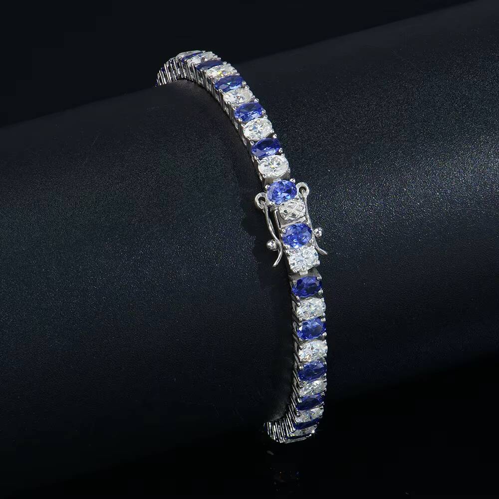 Wholesale 925 Sterling Silver Iced Out Moissanite Tennis Chain Bracelet D Color Blue Tanzanite VVS Hip Hop Style for Gift