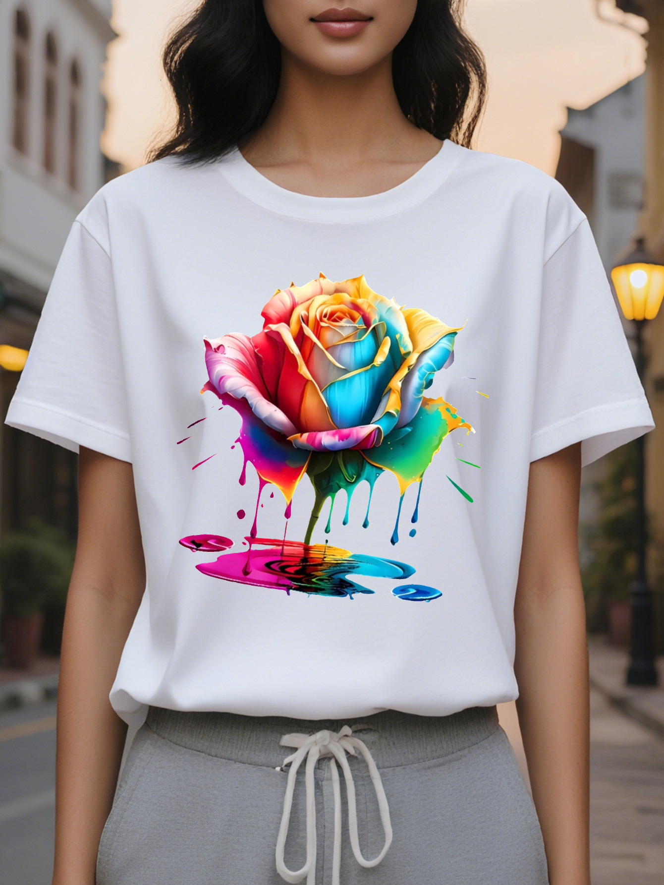 Relaxed Fit Cotton Women s Casual Floral Print T Shirt, Washable, Round Neck, Spring/Summer