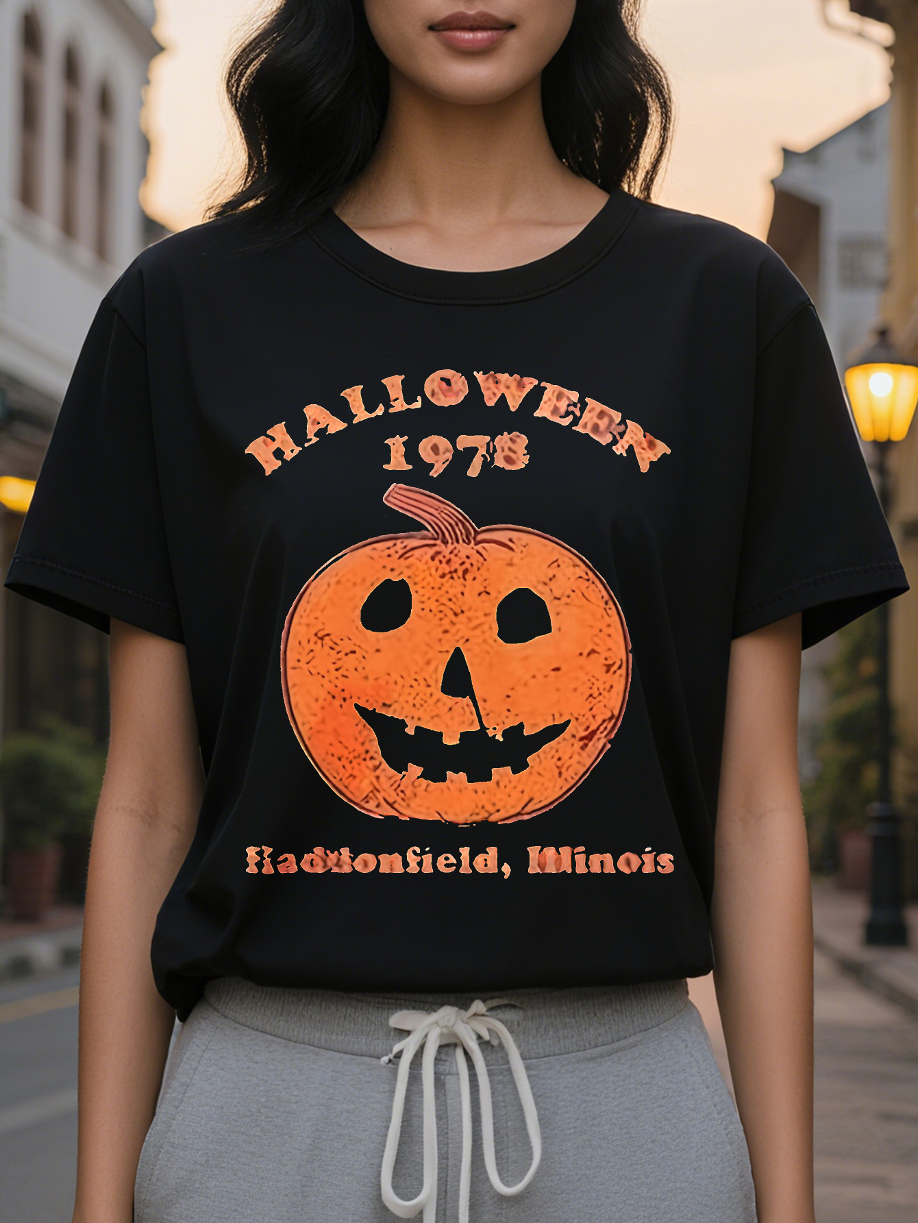 Large XL Women's Retro T-Shirt Round Neck Short Sleeve with Jack O Lantern Graphic Print Comfort Themed Parties Casual Plus Size