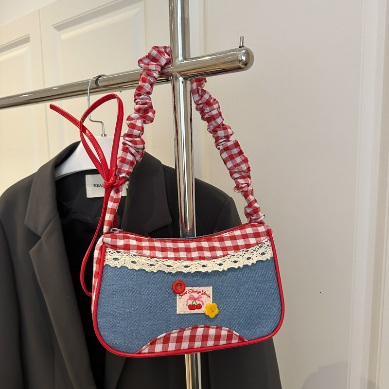 Autumn New Arrivals Red Plaid Bag for Women New Trendy Fashion College Style Handbag Fresh Cute Lace Single Shoulder Crossbody Bag