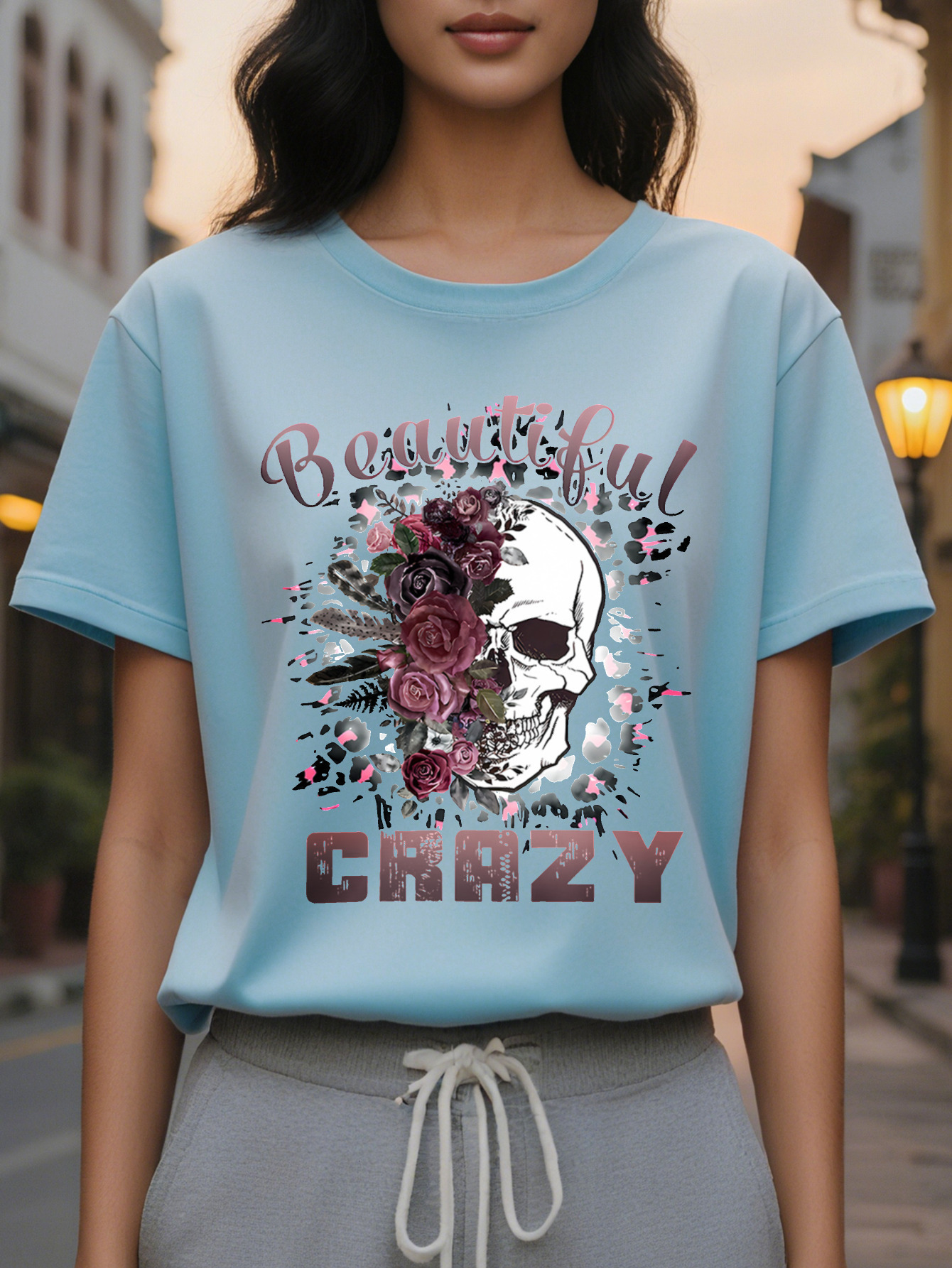Beautiful Crazy Ladies T-Shirt Black Skull Pink Letter Printing Spring and Summer Casual Loose Short Sleeve Round Neck