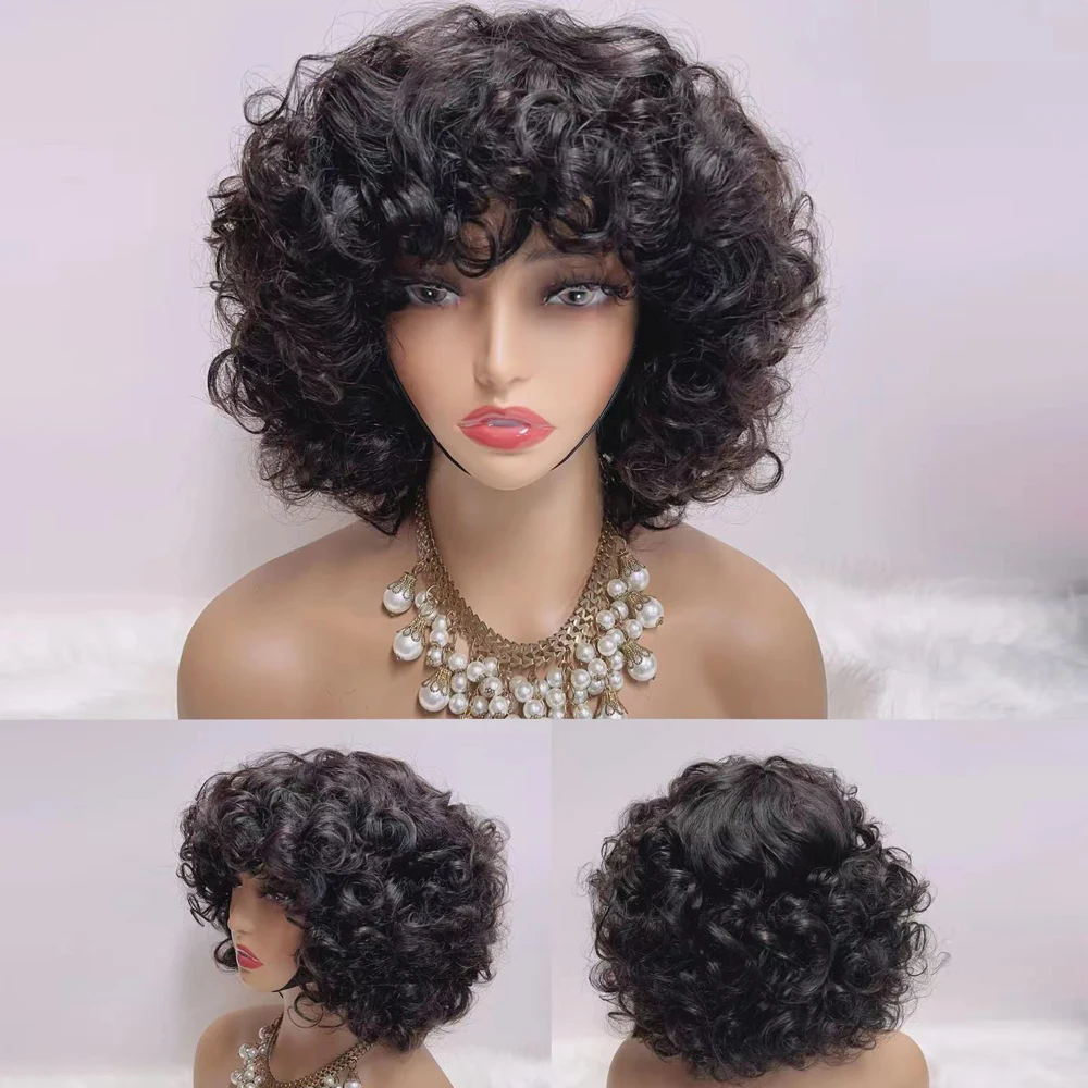330% Density Brazilian Egg Curl Pixie Cut Wig Human Hair With Bangs funmi curl Short Bob Wig For Women machine made human wig None lace wig