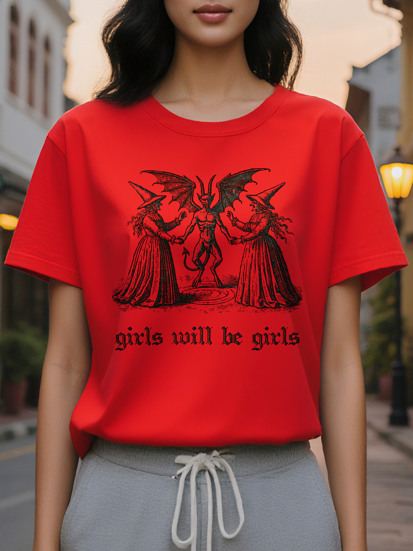 Women's T-shirt with siren design featuring golden wings and a starry sky, retro aesthetics, comfortable round neck