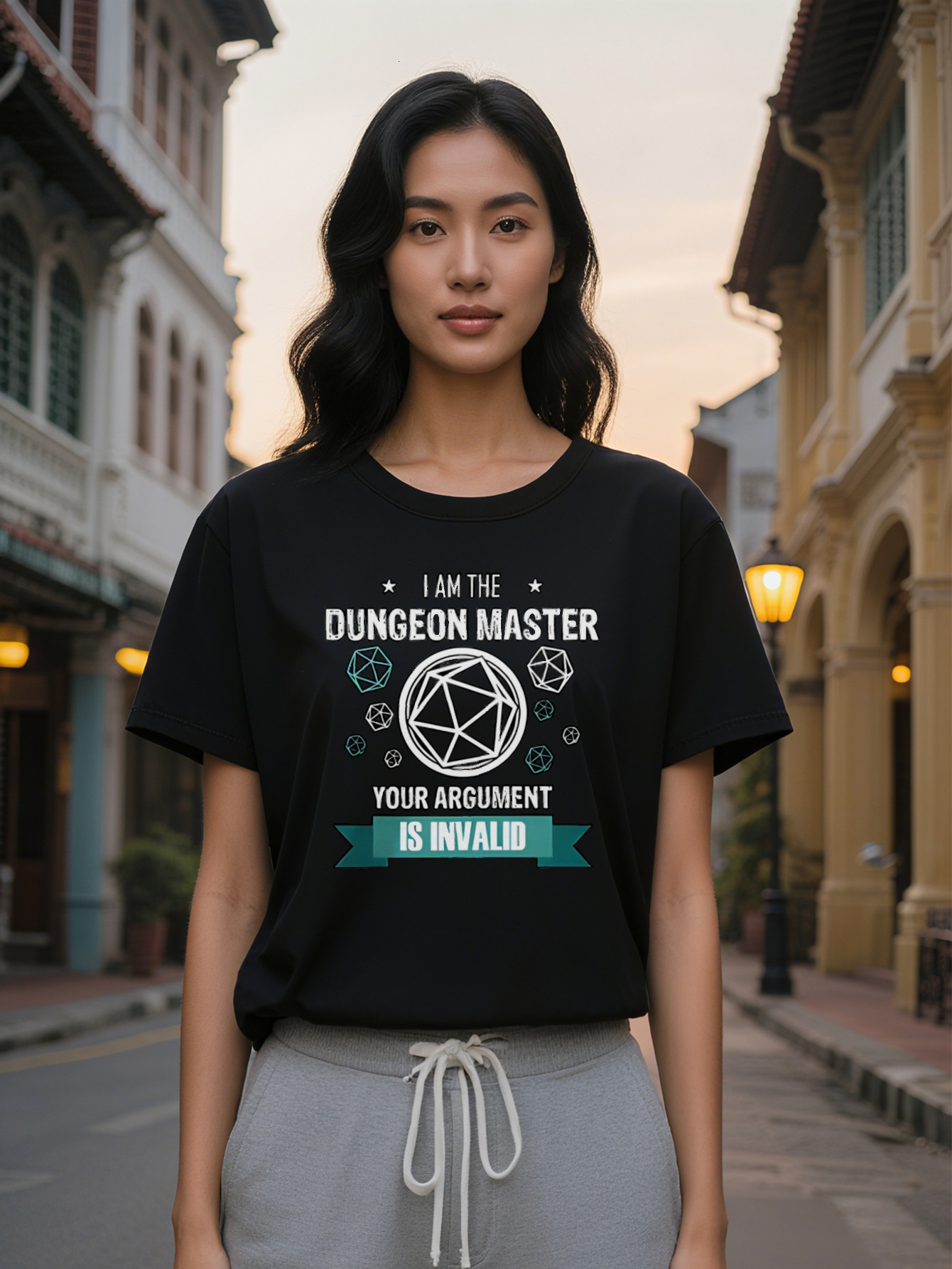 Large XL Lady Casual Graphic T-Shirt Black with White D Dice Dungeons Master Design I AM THE DUNGEON MASTER Tabletop RPG Plus Size