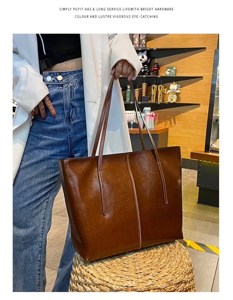Commuter fashion 2025 versatile leather tote Foreign texture large-capacity cowhide women's shoulder bag