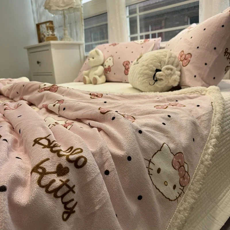 Sanrio Hello Kittys Pink Bow Lamb Velvet Blanket Winter Thickened Warm Milk Coral Velvet Blanket Quilt Cover Sofa Office Blanket L250904