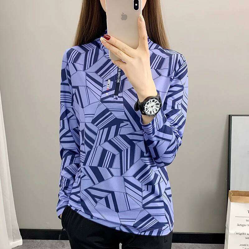 Women's Breathable Outdoor Sports Quick Dry Print Shirt Ladies Running Hiking Long Sleeve UV Clothing Camping Stand Collar Top