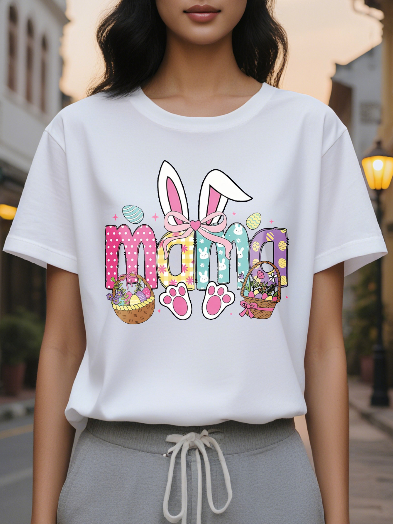 Large XL Mom Graphic Print Lavender T-Shirt Floral Bunny Ears Design Crew Neck Casual Short Sleeve Washable Women's Plus Size