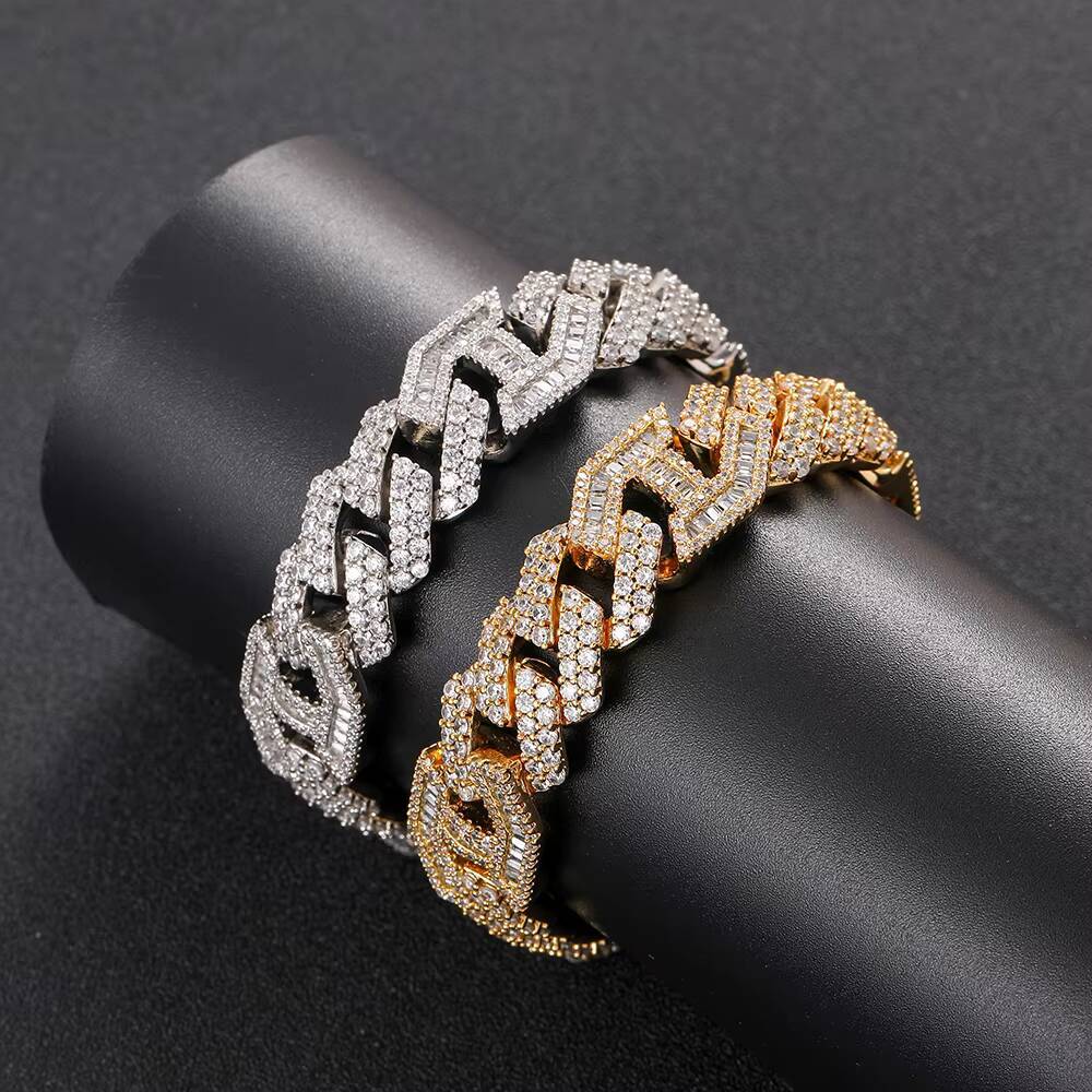 NUOYA High Quality Men Hip Hop Iced Out Cuban Chain Micro Pave Baguetter Moissanite Prong Cuban Link Chain Necklace for Gifts