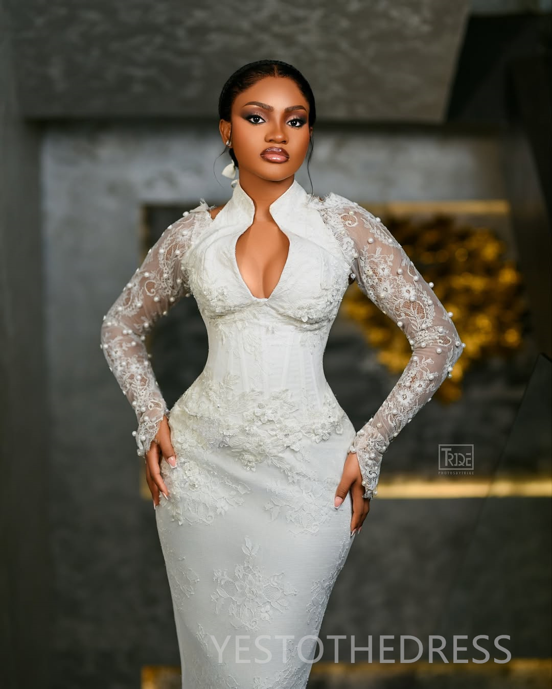 2025 Aso Ebi African Wedding Dress Bridal Gowns For Bride Mermaid Wedding Gowns High Neck Long Sleeves Pearls Beaded Lace Rhinestones Bridal Dress D63