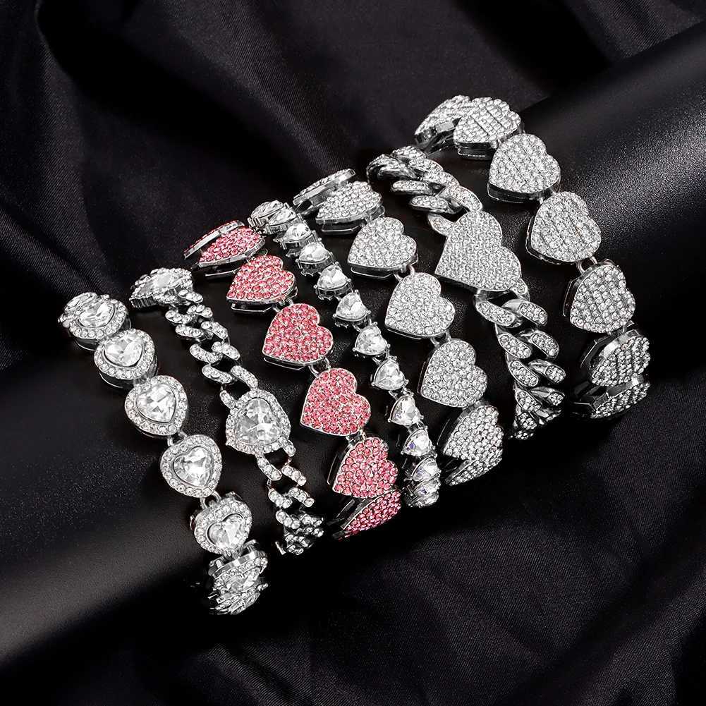 Luxury Bling Crystal Heart Cuban Link Chain Bracelet for Women Full Rhinestone Valentines Day Jewelry Gift Fashion DropShippingXJ250904