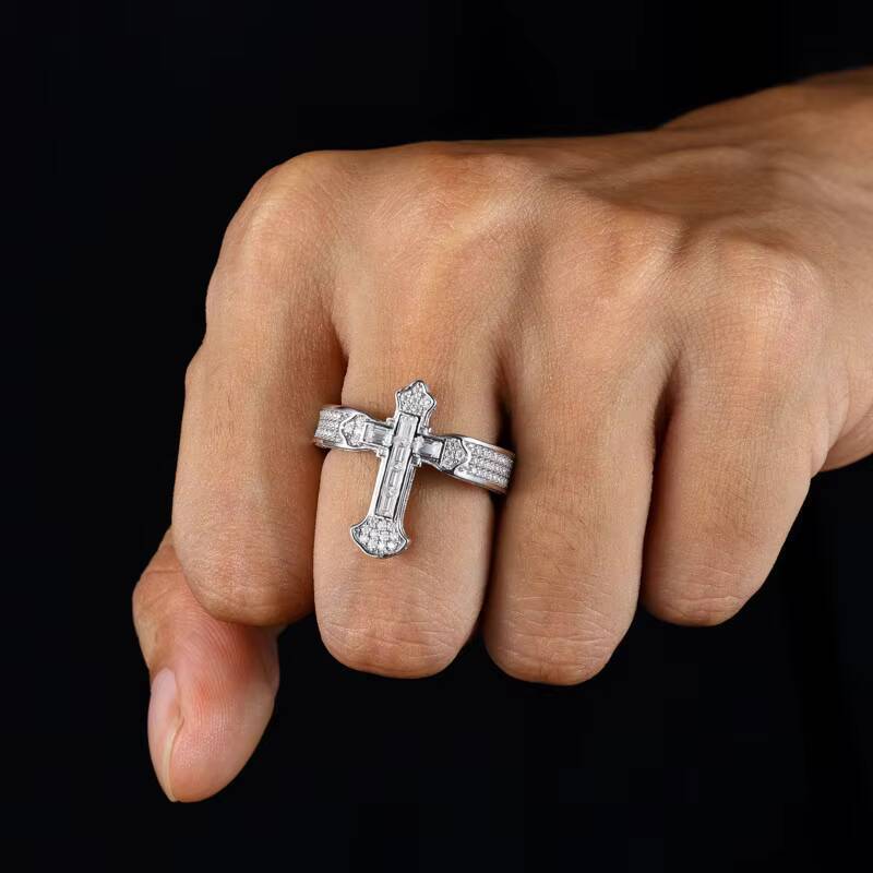 Hot Selling S925 Silver Moissanite Cross Shape Ring Super Flash t Square Diamond Ring for Men Hip Hop Style
