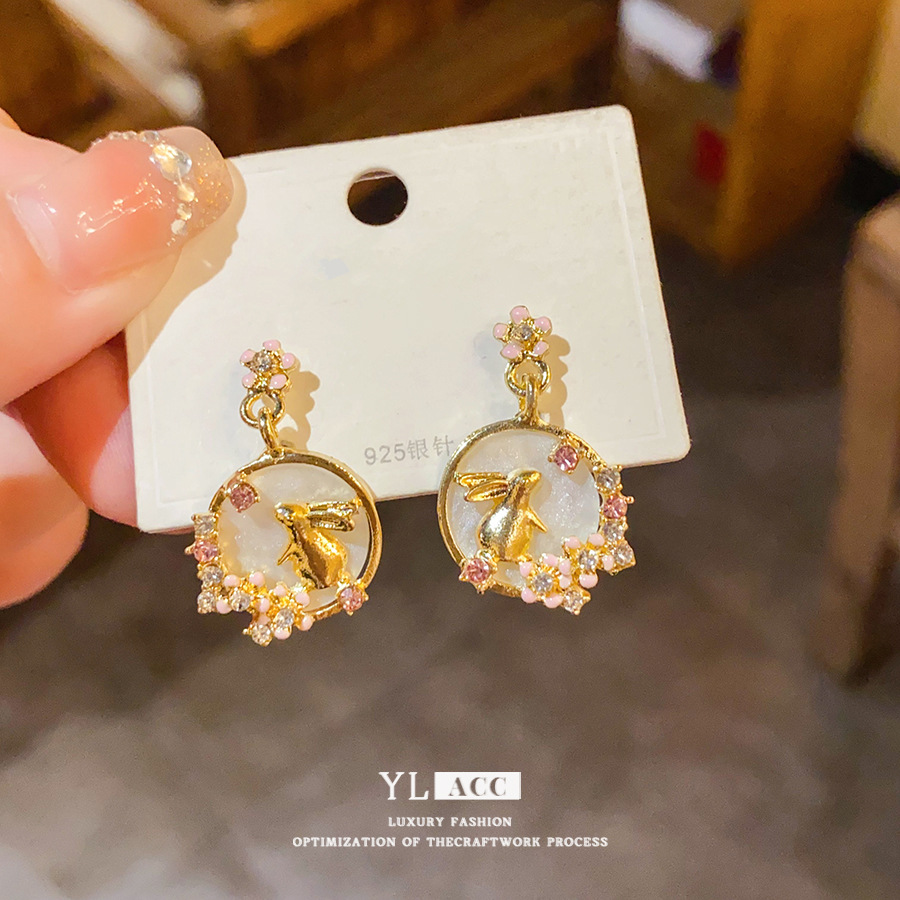 Gold Tone Fairy & Rabbit Drop Earrings With Pink Crystal Detail Cute Whimsical Style Daily Wear Gift For Her 925 Silver Needle Jewelry