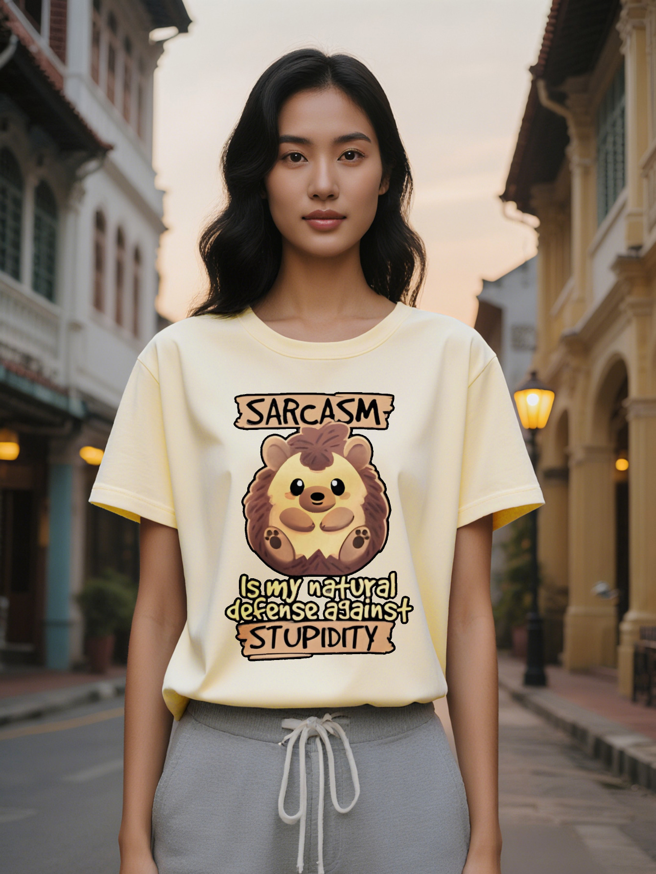 Large XL Lady Casual Graphic T-Shirt with Cartoon Hedgehog Sarcasm Quote Black Round Neck Summer Tee, Washable Regular Plus Size