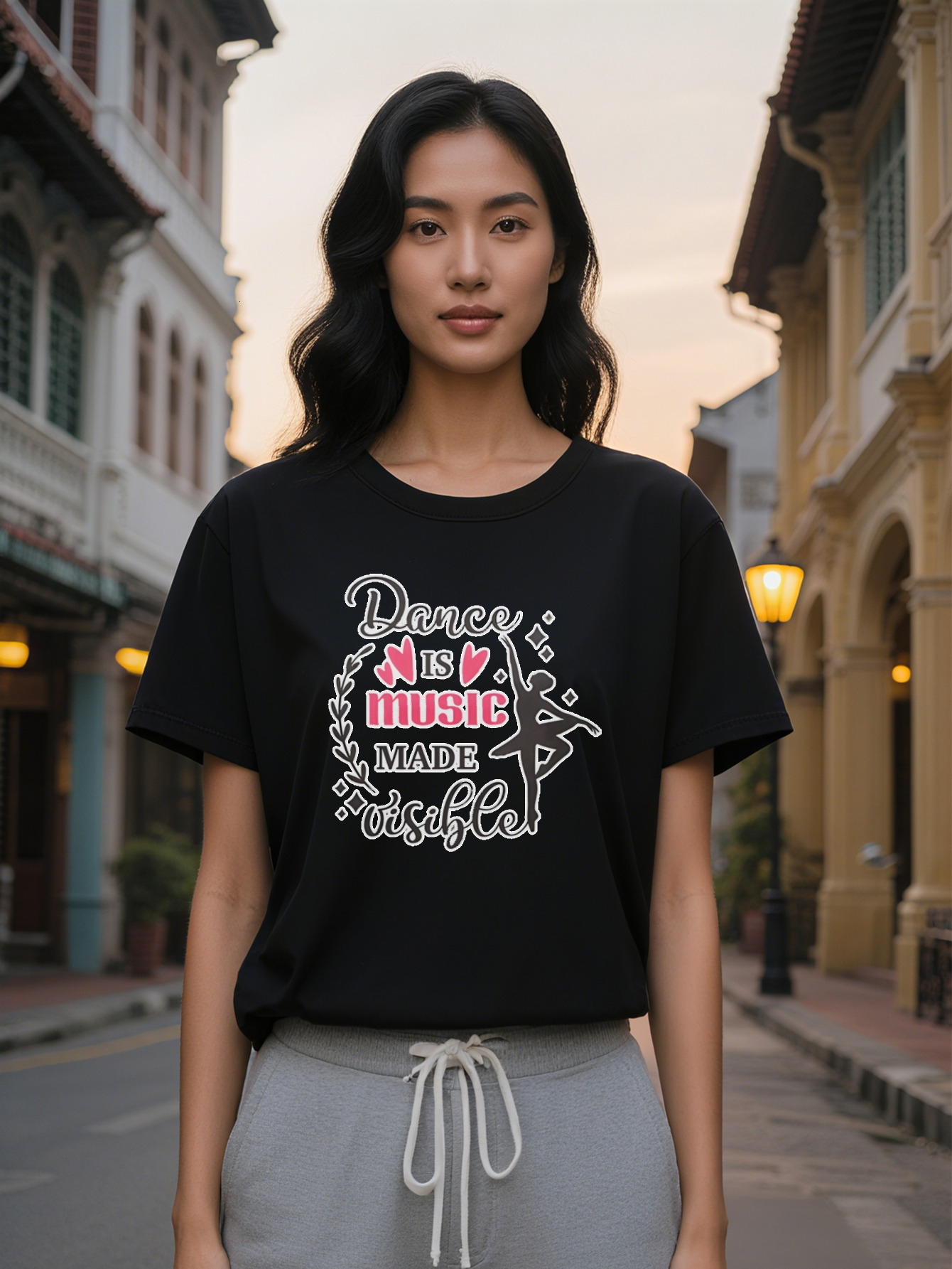 Large XL Lady Casual Ballet Dancer Silhouette T-Shirt with Pink Heart Prints Music Graphic Crew Neck Perfect for Summer Plus Size