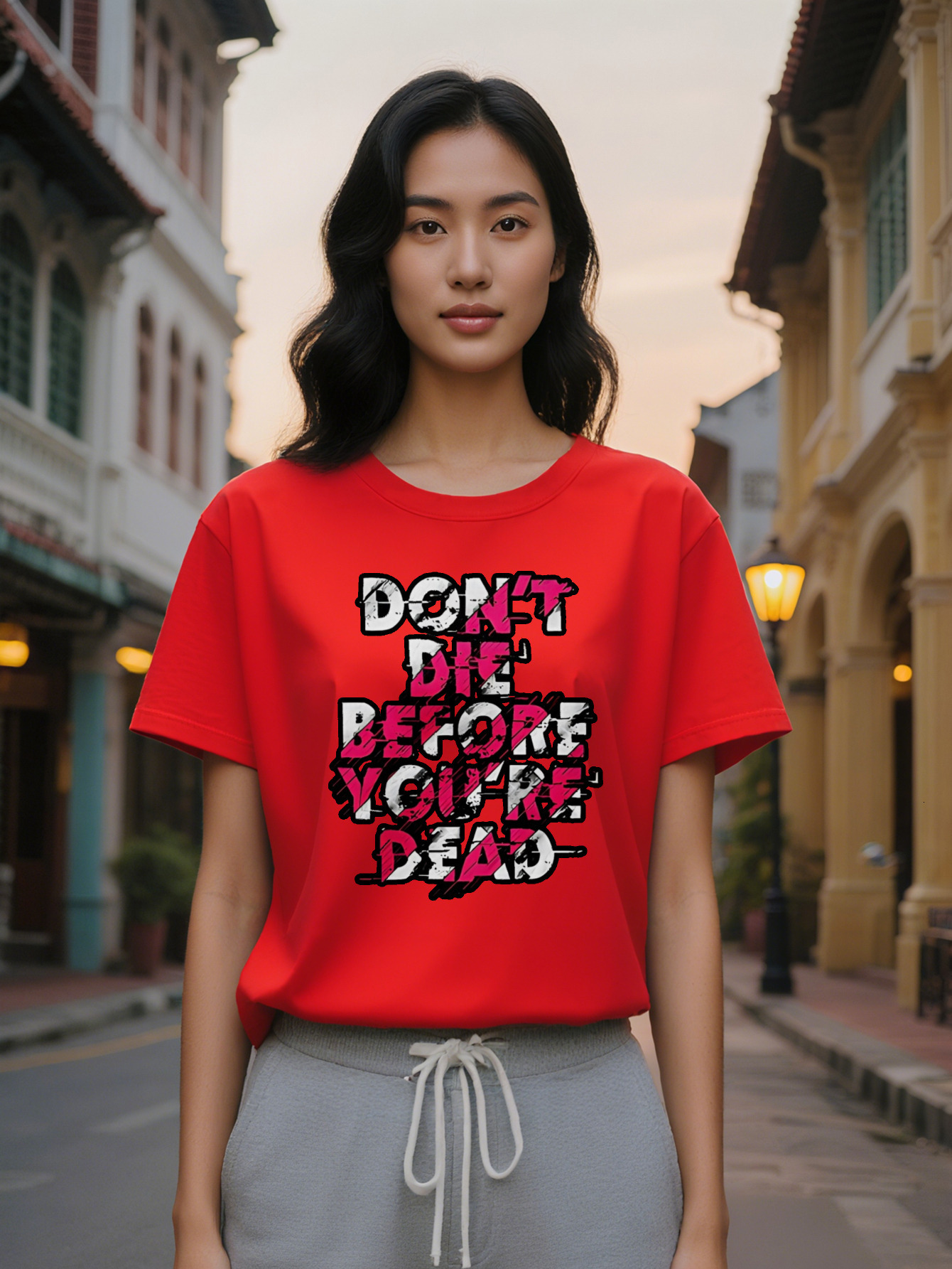 Large XL Casual Crew Neck T-Shirt Black with Bold Pink White Letter Print Don't Die Before You're Dead Design Lightweight Plus Size