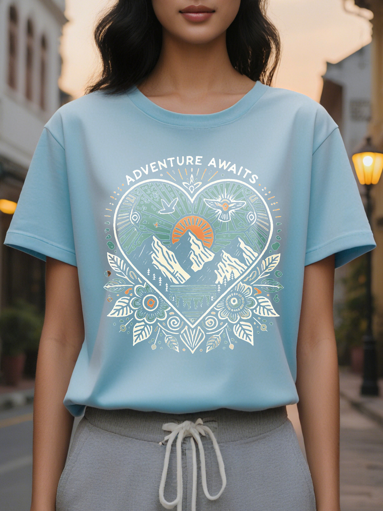 Women S Black Graphic T-Shirt Awaits Heart Mountain Sunset Design with Floral Patterns Soft Everyday Tee for Travel