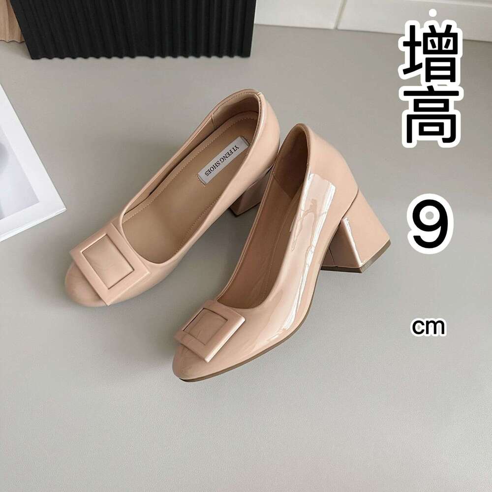 Nude Color Hidden Wedge 9cm Classic Buckle Elegant Shallow Mouth Patent Leather Chunky High Heel Single Shoes for Women