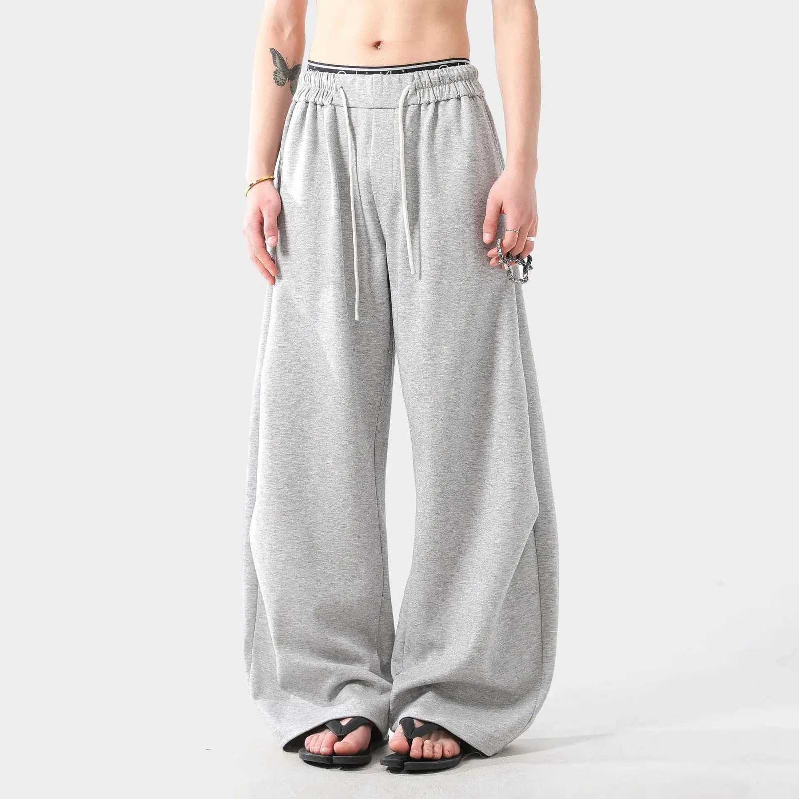 Mens Gray Baggy Sweatpants Wide Leg Long Drawstring Casual Joggers Oversized Urban Curved Blade Type Design Lantern Pants WomenXJ250904