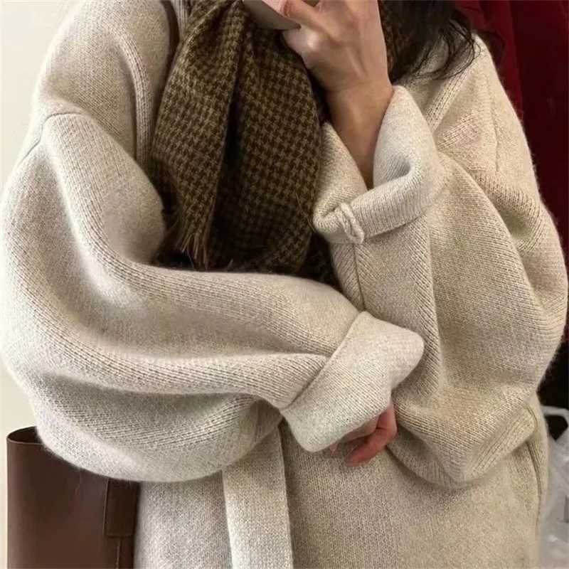 Lazy Style Mid Length Knee Length Knitted Cardigan Sweater for Autumn and Winter Loose and Niche Design Coat Feeling Soft Jacket M250904