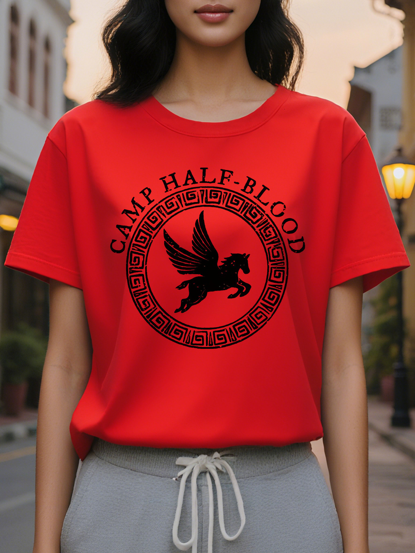 Large XL Greek Mythology Women's T-Shirt Short Sleeve Round Neck Summer Tee with CAMP HALF BLOOD Allseason Top Casual Wear Plus Size