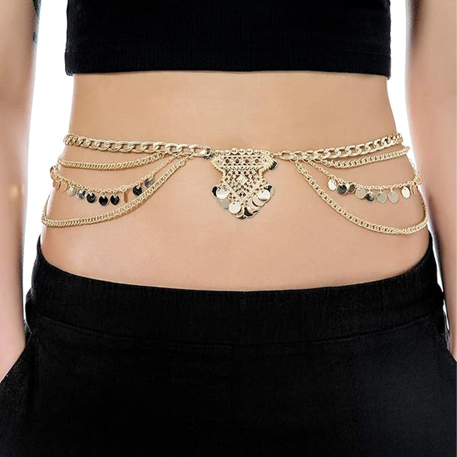 2 PCS Waist Belt Chain Vintage Dangle Dancing Tassel Body Chain Bikini Beach Body Jewelry for Women Gold Tone